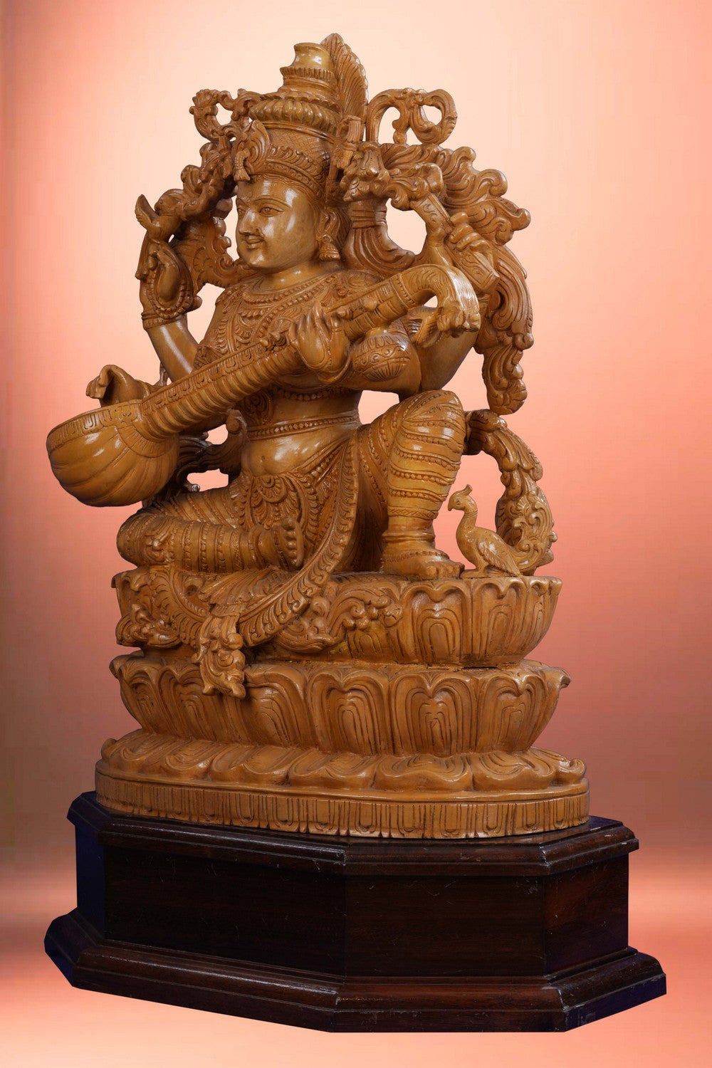 Image of Cedar Wood Carving Goddess Saraswati Statue